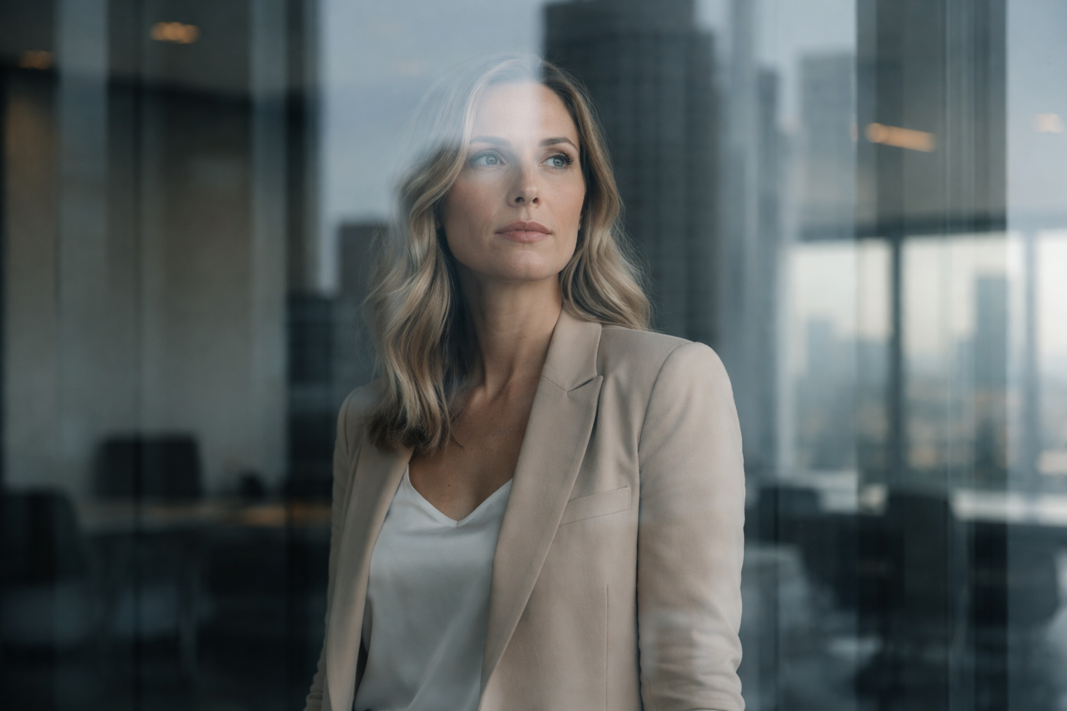 A woman looking out a window contemplating the future